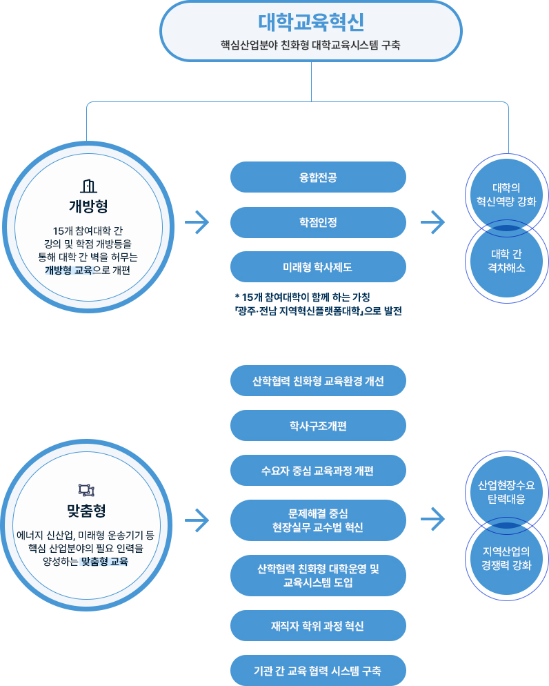 대학교육혁신, 핵심산업분야 친화형 대학교육시스템 구축, 개방형, 15개 참여대학 간 강의 및 학점 개방등을 통해 대학 간 벽을 허무는 개방형 교육으로 개편, 융합전공, 학점인정, 미래형 학사제도, 5개 참여대학이 함께 하는 가칭, 「광주·전남 지역혁신플랫폼대학」으로 발전, 대학의 혁신역량 강화, 대학 간 격차해소, 맞춤형, 에너지 신산업, 미래형 운송기기 등 핵심 산업분야의 필요 인력을 양성하는 맞춤형 교육, 산학협력 친화형 교육환경 개선, 학사구조개편, 수요자 중심 교육과정 개편, 문제해결 중심 현장실무 교수법 혁신, 산학협력 친화형 대학운영 및 교육시스템 도입, 재직자 학위 과정 혁신, 기관 간 교육 협력 시스템 구축, 산업현장수요 탄력대응, 지역산업의 경쟁력 강화